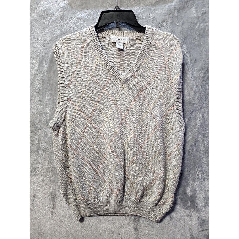 Vintage Robert Banks 100% Cotton Sweater Vest Mens L Grey V Neck Grandpa EUC
